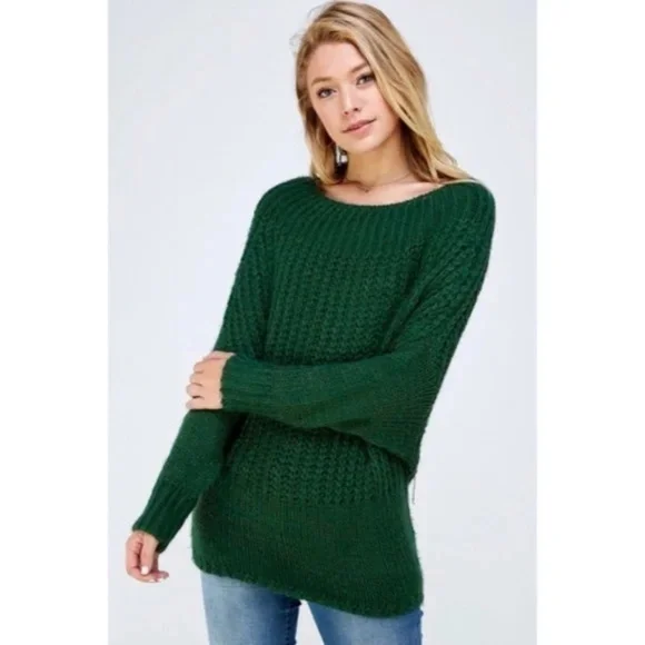 Hunter Green Soft Fuzzy Off The Shoulder Pullover Knit Holiday Casual Sweater - Picture 3 of 6